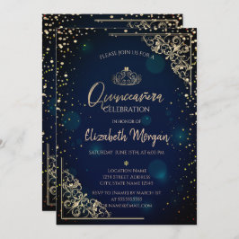 Chic Blue Gold Tiara, Diamonds Quinceañera Einladung