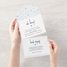 Chic Blue Heart Boy Babydusche und Buchungsanfrage All In One Einladung