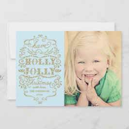 Chic Blue Holly Jolly Christmas Custom Photo Cards Feiertagskarte