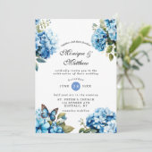Chic Blue Hydrangea Butterfly Hochzeit Einladung (Stehend Vorderseite)