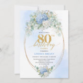 Chic Blue Hydrangea Eucalyptus 80th Birthday Invit Einladung (Vorderseite)