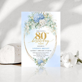 Chic Blue Hydrangea Eucalyptus 80th Birthday Invit Einladung