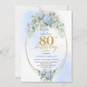 Chic Blue Hydrangea Eucalyptus 80th Birthday Invit Einladung (Vorderseite)