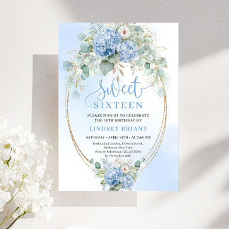 Chic Blue Hydrangea Eucalyptus Gold 16th Birthday Einladung