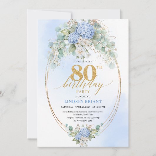 Chic Blue Hydrangea Eucalyptus Gold 80th Birthday  Einladung (Vorderseite)