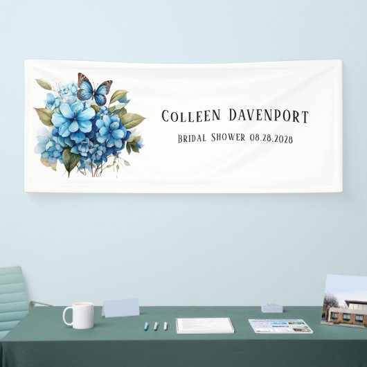 Chic Blue Hydrangea Floral Butterfly Brautparty Banner (Messe)