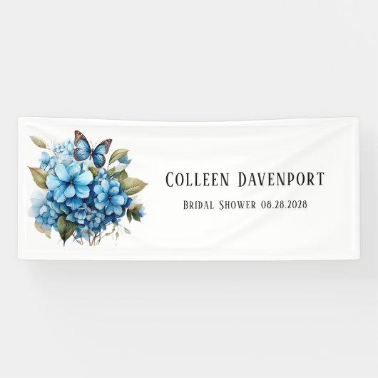 Chic Blue Hydrangea Floral Butterfly Brautparty Banner (Horizontal)