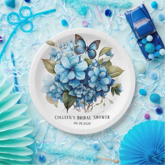 Chic Blue Hydrangea Floral Butterfly Brautparty Pappteller (Party)