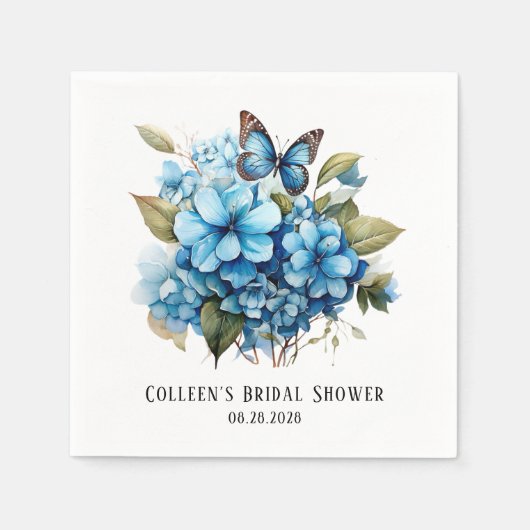 Chic Blue Hydrangea Floral Butterfly Brautparty Serviette (Vorderseite)