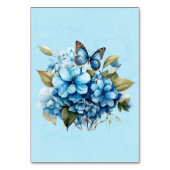 Chic Blue Hydrangea Floral Butterfly Wedding Tischnummer (Rückseite)