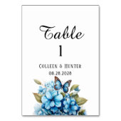 Chic Blue Hydrangea Floral Butterfly Wedding Tischnummer (Vorderseite)