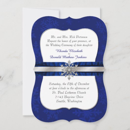 Chic Blue Jeweled Snowflake Wedding Einladung (Vorderseite)