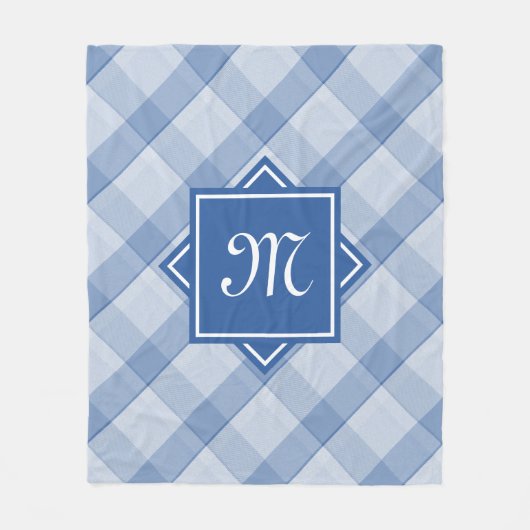 Chic Blue Kariert mit moderner Diagonal-Monogramm Fleecedecke (Vorderseite)