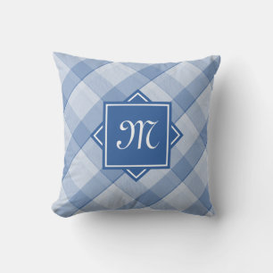 Chic Blue Kariert mit moderner Diagonal-Monogramm Kissen