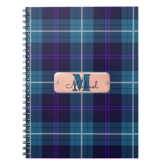 Chic Blue Kariert Tartan Coral Pink Monogram Scrip Notizblock (Vorderseite)