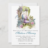 Chic Blue & Lila Floral Garden Sessel Babydusche Einladung (Vorderseite)