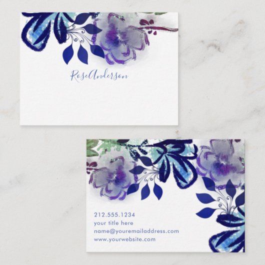 Chic Blue Lila Floral Typografie Mitteilungskarte (Vorne/Hinten)