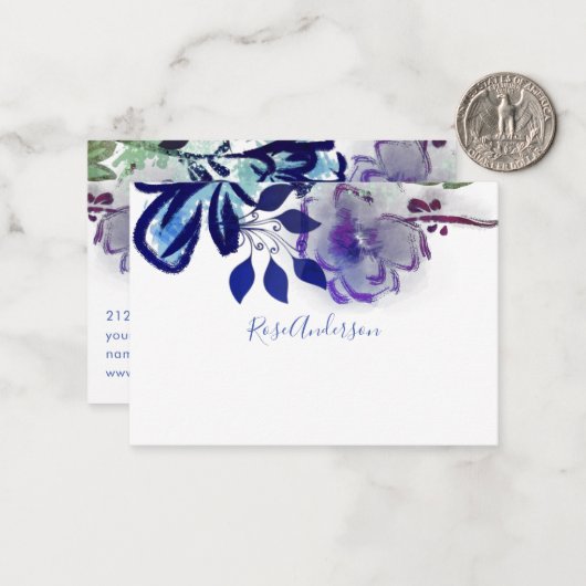 Chic Blue Lila Floral Typografie Mitteilungskarte (Vorderseite/Rückseite Beispiel)