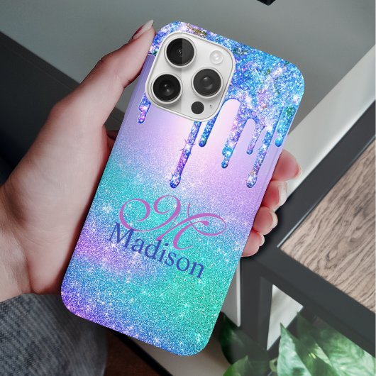 Chic blue lila ombre Glitzer Tropfen Monogramm Case-Mate iPhone Hülle