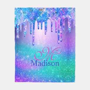 Chic blue lila ombre Glitzer Tropfen Monogramm Fleecedecke