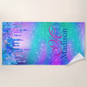 Chic blue lila ombre Glitzer Tropfen Monogramm Strandtuch (Vorderseite)
