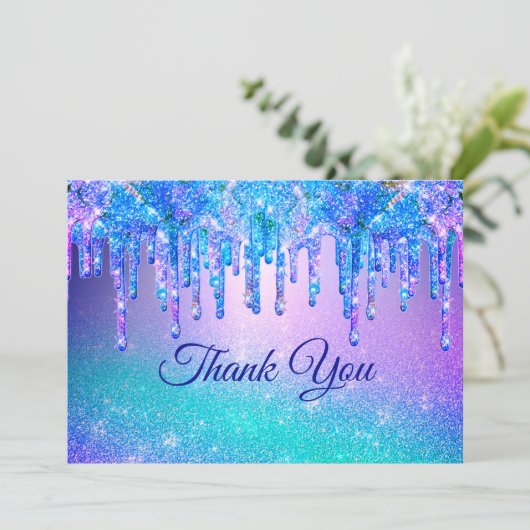 Chic Blue lila ombre Tropfender Glitzer Dankeskarte (Stehend Vorderseite)