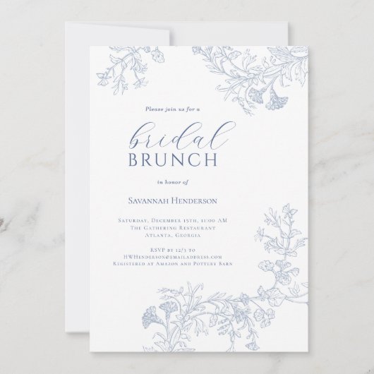 Chic Blue Line Gezeichnet Blumenbrunch Brautparty Einladung (Vorderseite)