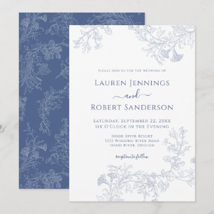 Chic Blue Line Gezeichnet Blumenhochzeit Einladung