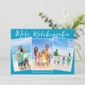 Chic Blue Mele Kalikimaka 3 Beach Foto Weihnachten (Stehend Vorderseite)