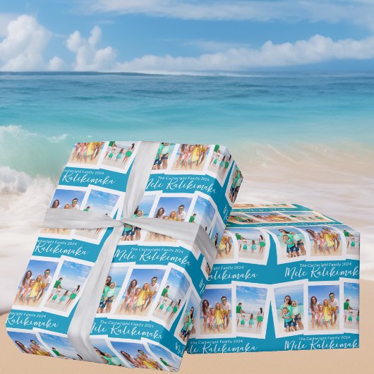 Chic Blue Mele Kalikimaka Beach Foto Weihnachten Geschenkpapier