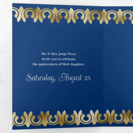 Chic Blue mit Gold Quinceanera Party Einladung (Innen Erste Seite)