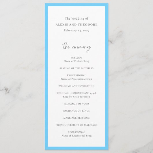Chic Blue Modern Wedding Programm (Vorderseite)