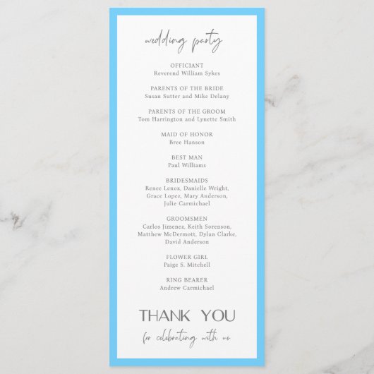 Chic Blue Modern Wedding Programm (Rückseite)
