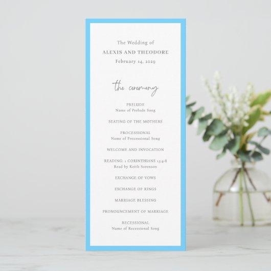Chic Blue Modern Wedding Programm (Stehend Vorderseite)