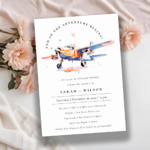 Chic Blue Orange Blush Airplane Couples Dusche Einladung