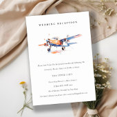 Chic Blue Orange Blush Airplane Hochzeitsempfang Begleitkarte