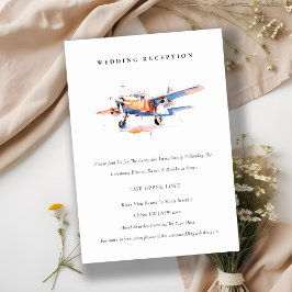 Chic Blue Orange Blush Airplane Hochzeitsempfang Begleitkarte
