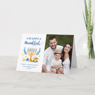 Chic Blue Peace Liebe Latkes Happy Hanukkah Foto Feiertagskarte