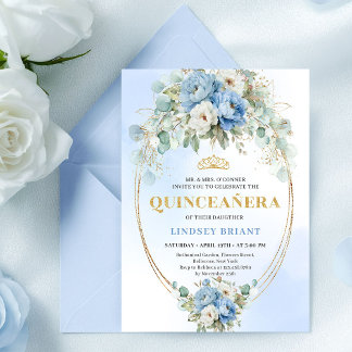 Chic Blue Peony Floral Quinceañera Invitation Gold Einladung