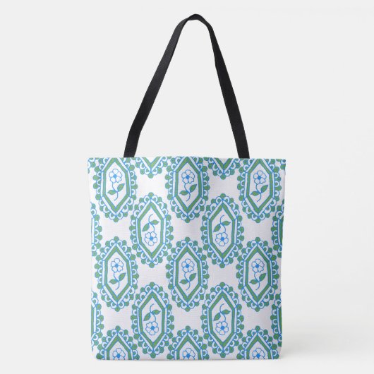 Chic Blue Periwinkle Motive auf weißem Hintergrund Tasche (Vorderseite)