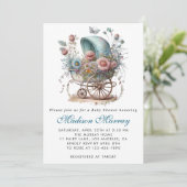 Chic Blue & Pink Blütenblütendusche Buggy Kinderwa Einladung (Stehend Vorderseite)