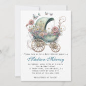 Chic Blue & Pink Blütenblütendusche Buggy Kinderwa Einladung (Vorderseite)