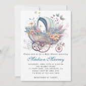 Chic Blue & Pink Blütenblütendusche Buggy Kinderwa Einladung (Vorderseite)