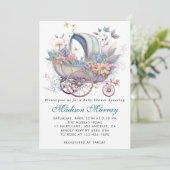 Chic Blue & Pink Blütenblütendusche Buggy Kinderwa Einladung (Stehend Vorderseite)