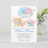 Chic Blue & Pink Blütenrolle Pram Babydusche Einladung (Stehend Vorderseite)