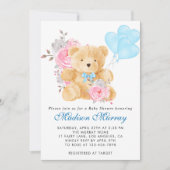Chic Blue Pink Gray Teddy Bear Baby Dusche Einladung (Vorderseite)