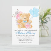 Chic Blue Pink Gray Teddy Bear Baby Dusche Einladung (Stehend Vorderseite)