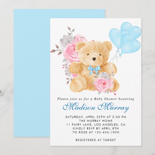 Chic Blue Pink Gray Teddy Bear Baby Dusche Einladung (Vorne/Hinten)