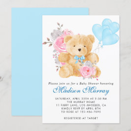 Chic Blue Pink Gray Teddy Bear Baby Dusche Einladung