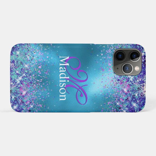 Chic Blue Pink Iridescent Glitzer Monogramm Case-Mate iPhone Hülle (Rückseite (Horizontal))